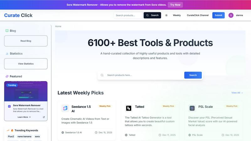 Curate Click application interface and features
