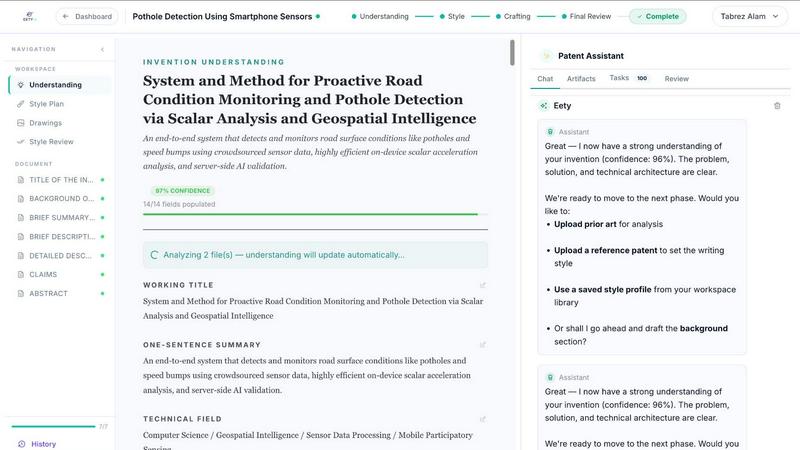 Eety AI - An AI Assistant for Patent Drafting application interface and features