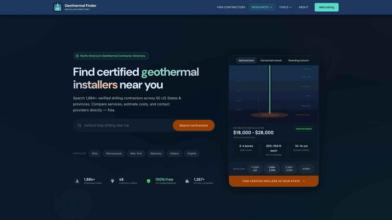GeothermalFinder.com application interface and features