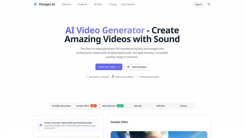 Plexigen AI - AI Video Generator with Sound application interface and features