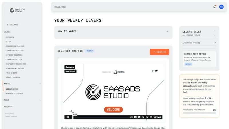 The SaaS Ads Studio application interface and features