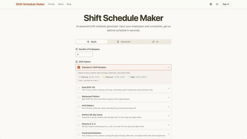 Shift Schedule Maker application interface and features