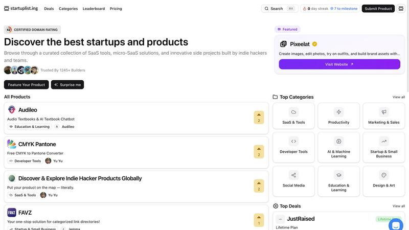 Startup Listing application interface and features