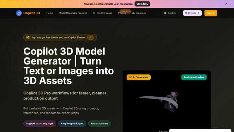 Copilot 3D application interface and features