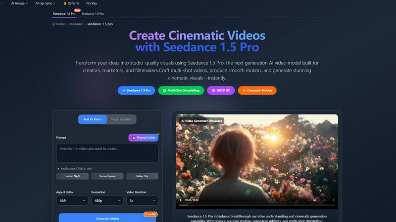 Seedance 1.5 Pro AI Video Generator application interface and features