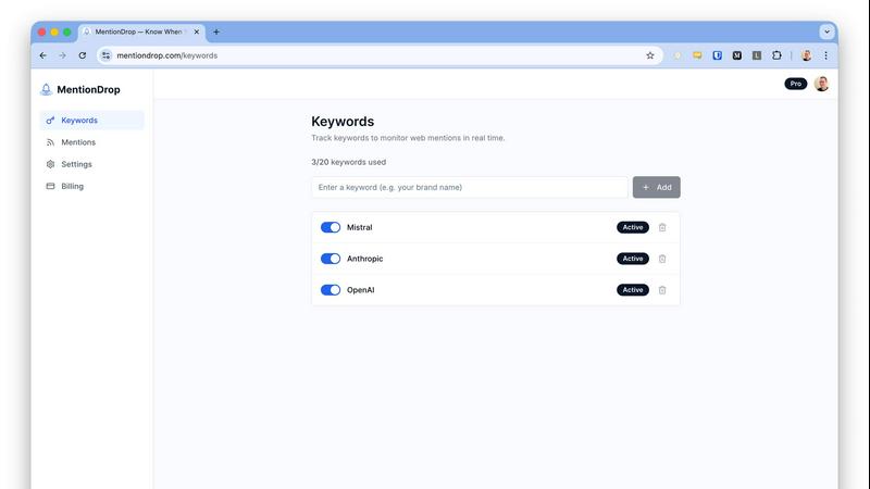 MentionDrop application interface and features