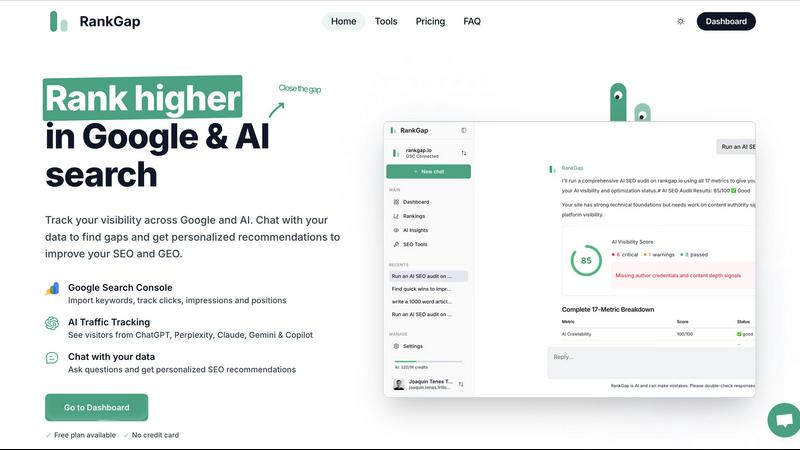 RankGap application interface and features