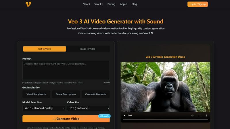 Veo 3 AI Video Generator application interface and features
